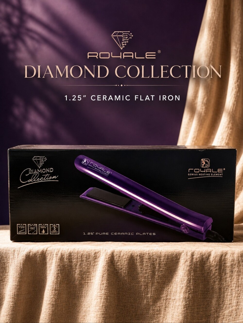 Royale Diamond Collection Deep Purple 1.25" Ceramic Flat Iron NIB